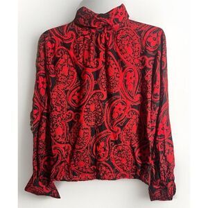 VALENTINO Miss V Wool Silk Paisley Blouse Red Black Cufflink Buttons Size 8   Ee